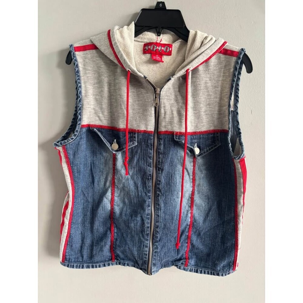 Vintage Y2K Solo Hooded Denim Vest Gilet Grey Red Trim XL